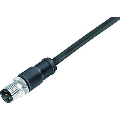 Et sort industrielt kabel med et sølvfarvet, metalisk stik i den ene ende.