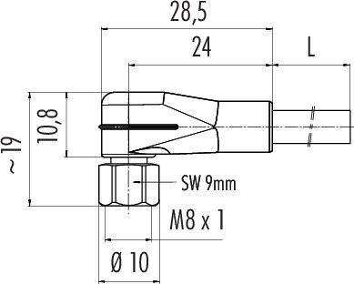 Teknisk tegning af en cylindrisk stikforbinder med mål: Samlet længde 28,5 mm, gevind M8 x 1, nøglevidde 9 mm.