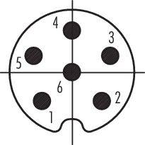 Elektrisk stikbepinning: Cirkulær layout med seks nummererede ben, fra 1 til 6, arrangeret i et symmetrisk mønster.