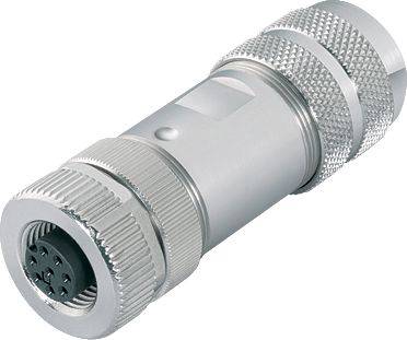 Sølvfarvet cylindrisk stik med flere runde ben i den ene ende, riflet grebsflade for bedre greb.