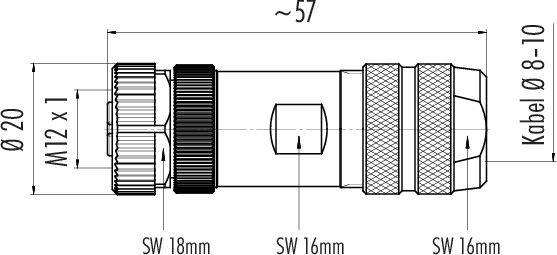 Teknisk tegning af en cylindrisk stikforbinder med mål: Længde ca. 57 mm, diameter 20 mm, kabelsdiameter 8-10 mm.