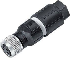 En sort elektrisk stikforbinder med sølvfarvet metalring og flere kontaktben, velegnet til industrielle anvendelser.
