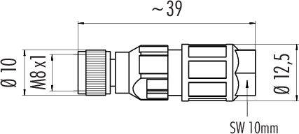 'Tegning af stikforbinder: Længde ~39 mm, gevind M8x1, ydre diameter 12,5 mm, nøglevidde 10 mm, diameter 10 mm.'