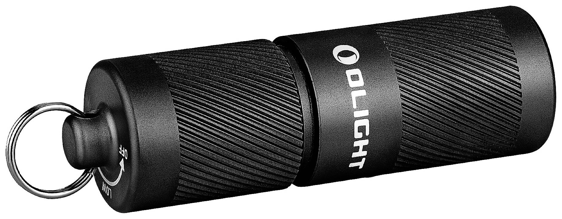Lille sort lommelygte i cylinderform med struktureret greb og nøglering. Mærkning 'OLIGHT' på siden.