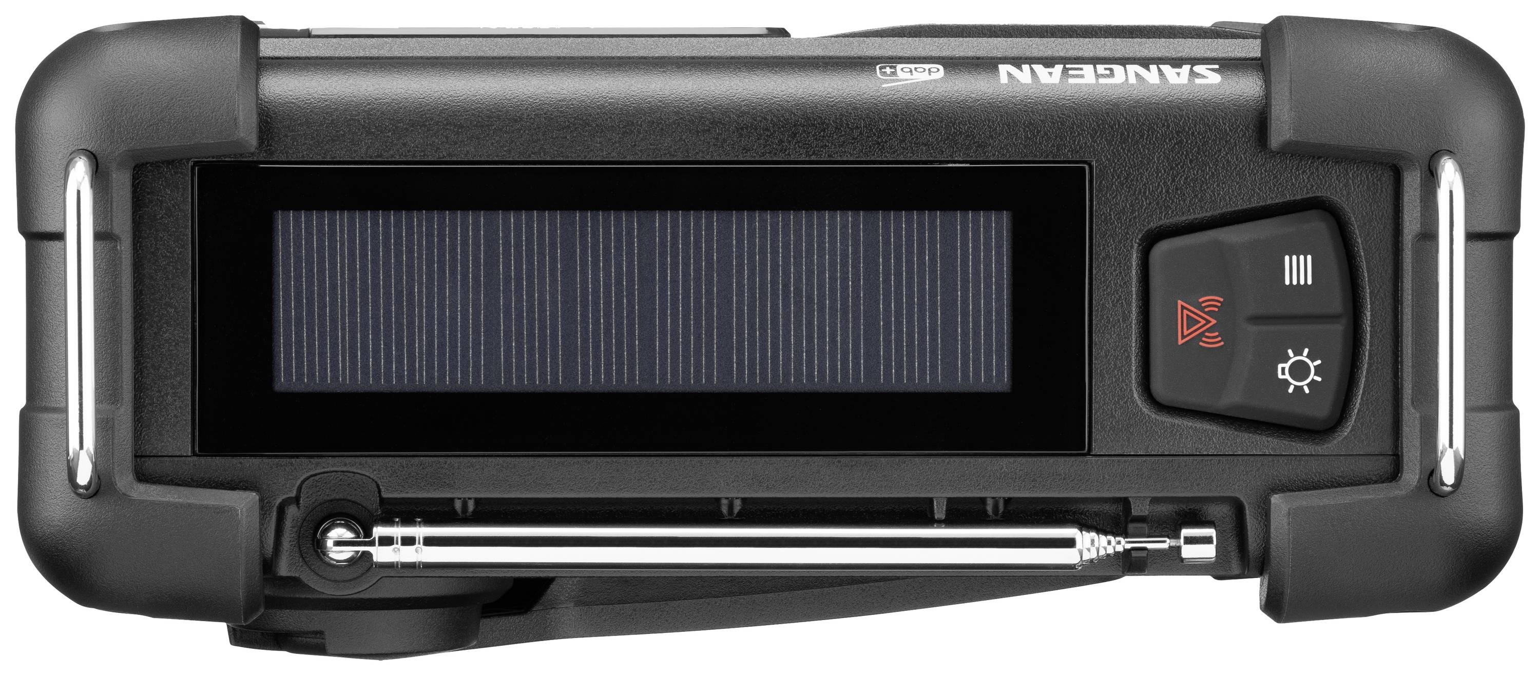 Radioenhed med solarpanel på oversiden og betjeningstaster til højre.