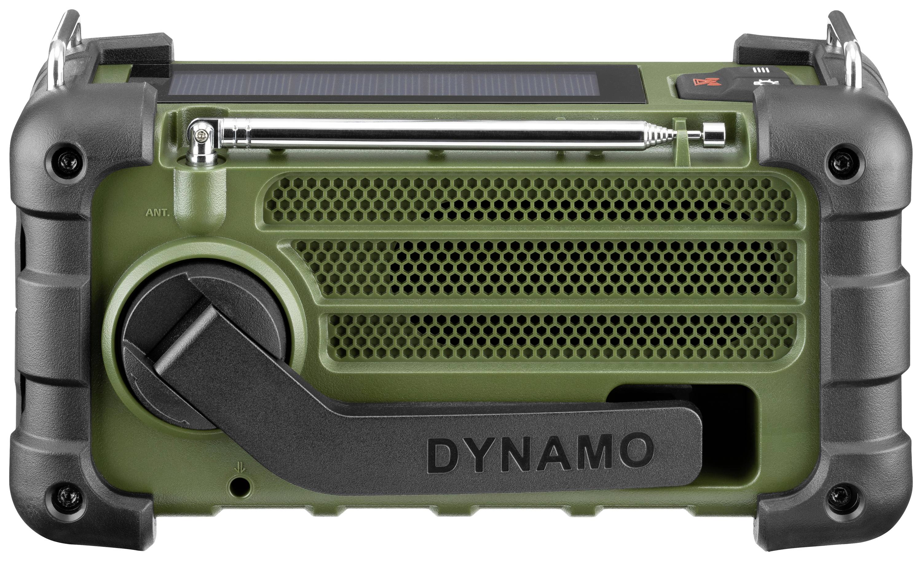 Grøn dynamoradio med solpanel, håndsving og antenne. Robust design til udendørs brug. Perfekt til nødsituationer.