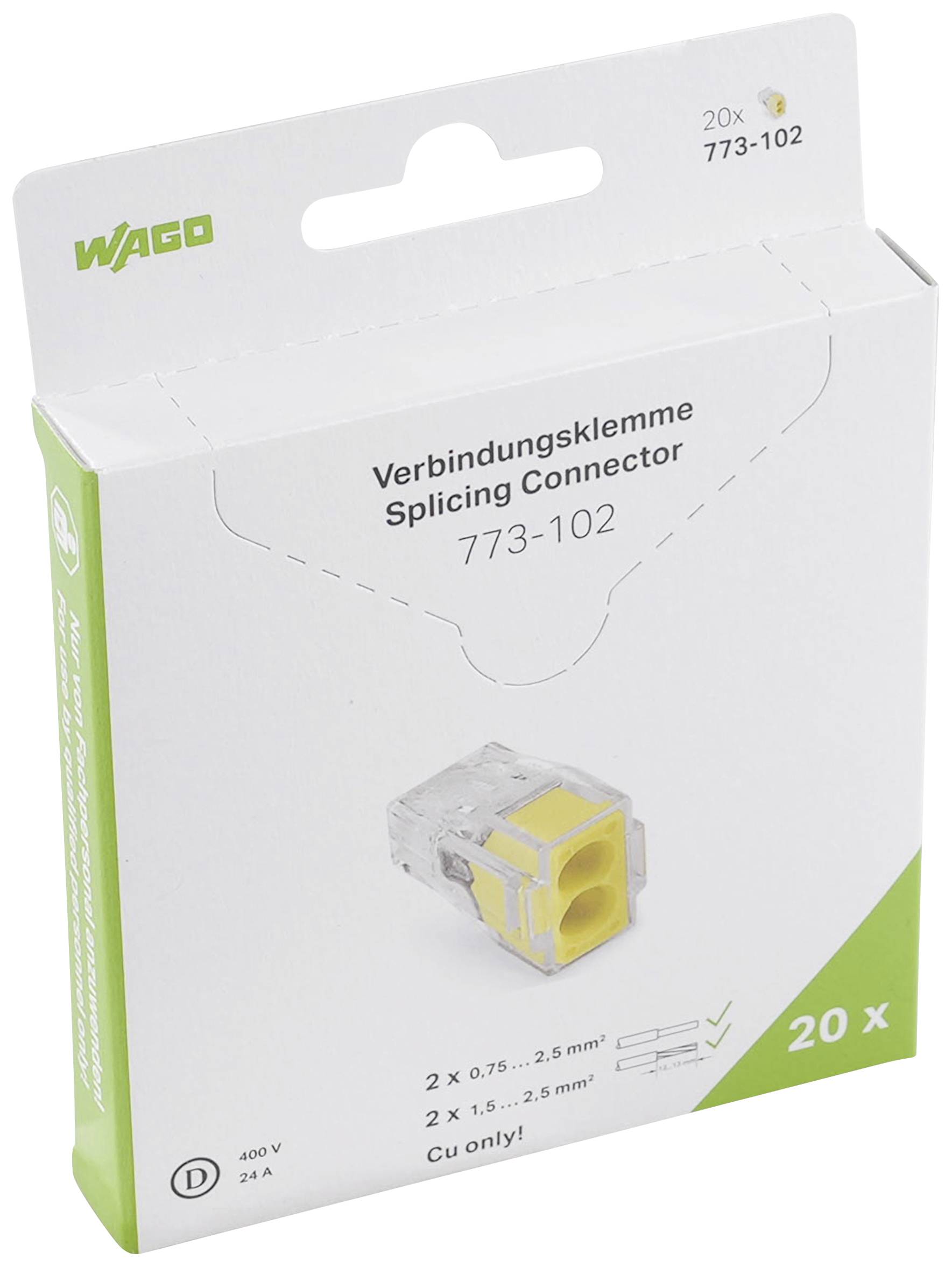 'WAGO Forbindelsesklemme 773-102' på emballagen. Indeholder en gul klemme til kobbertråde, størrelsesangivelse 0,75-2,5 mm². 20 styk.