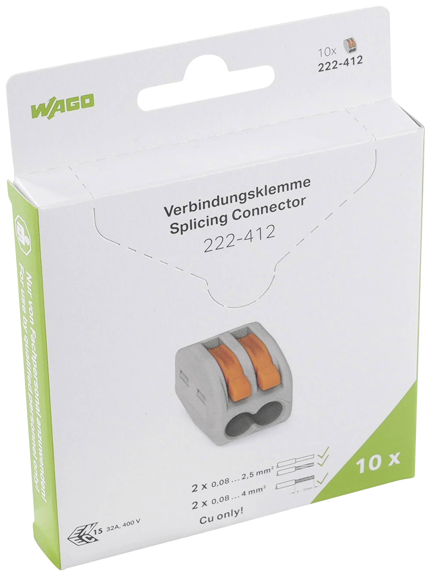 Emballage til WAGO forbindelsesklemme 222-412. Viser klemmen og specificerer: 2 x 0,08–2,5 mm², 32A, 400V, 10 stk.