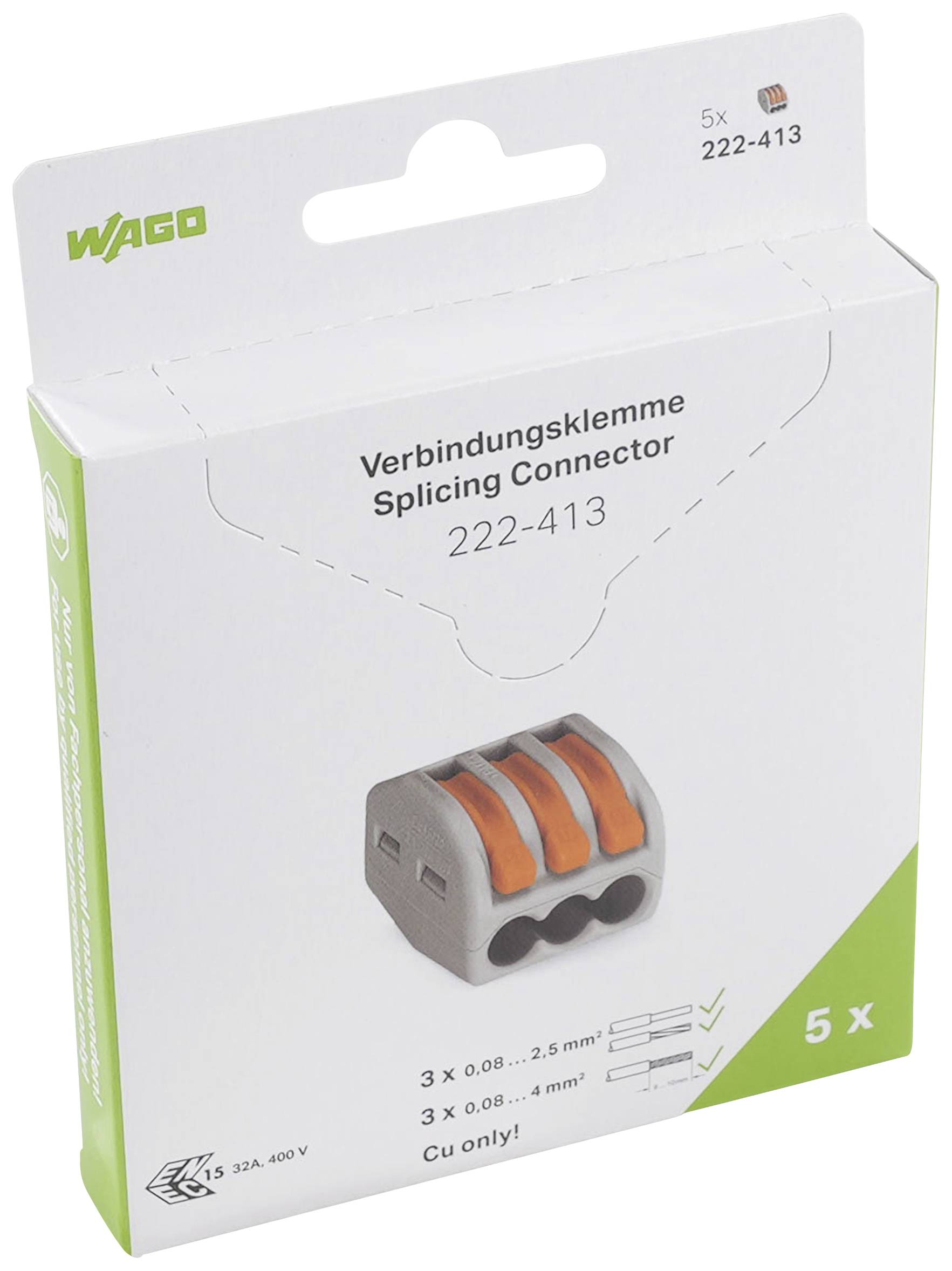 Hvid emballage til WAGO-forbindelsesklemme 222-413. Viser et billede af klemmen med tre løftearme, egnet til kabler fra 0,08 til 4 mm². Indeholder 5 stk.