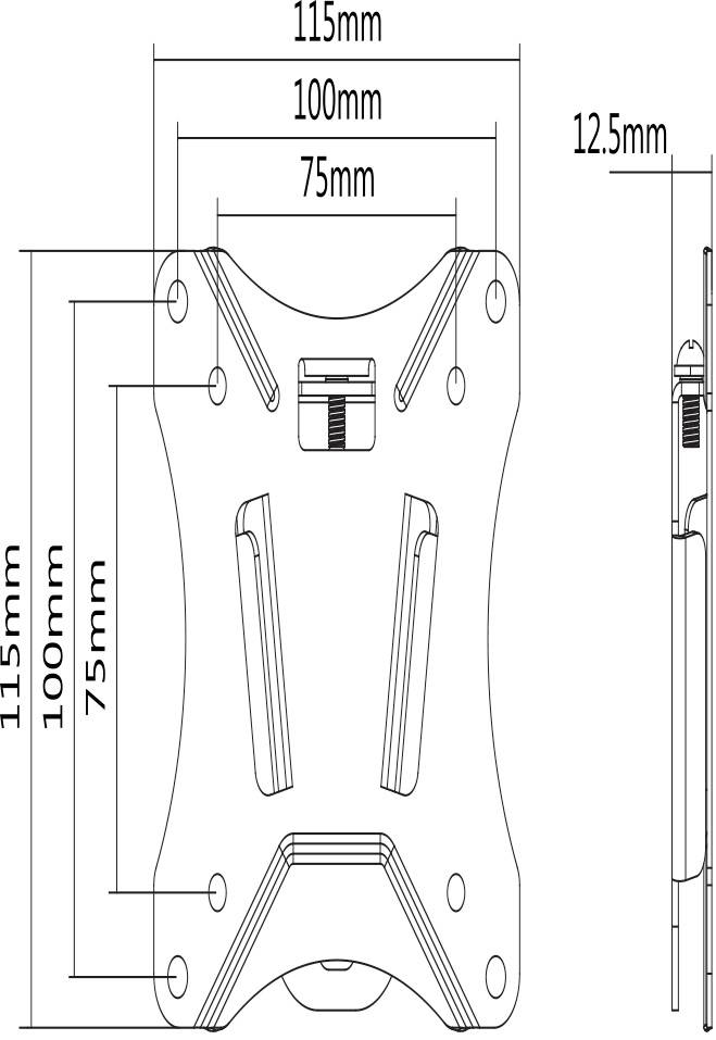 Teknisk tegning af en beslag med mål: 115 mm x 100 mm, tykkelse 12,5 mm. Skruepositioner og central konnektor-fastgørelse synlig.