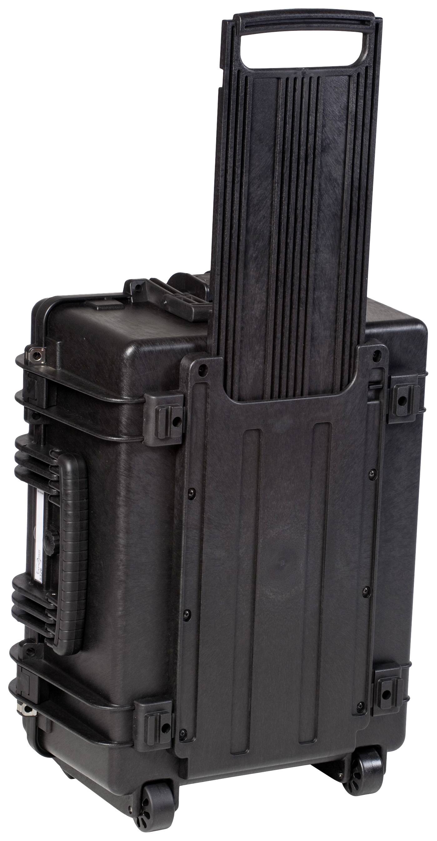 En robust, sort rejsekuffert med udtrækkelig håndtag og hjul, egnet til sikker transport af ømfindtlige genstande.