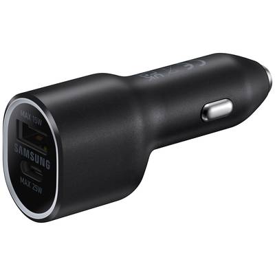 Et sort biloplader med to USB-porte, hvoraf den ene er mærket 'MAX 15W' og den anden 'MAX 25W'.
