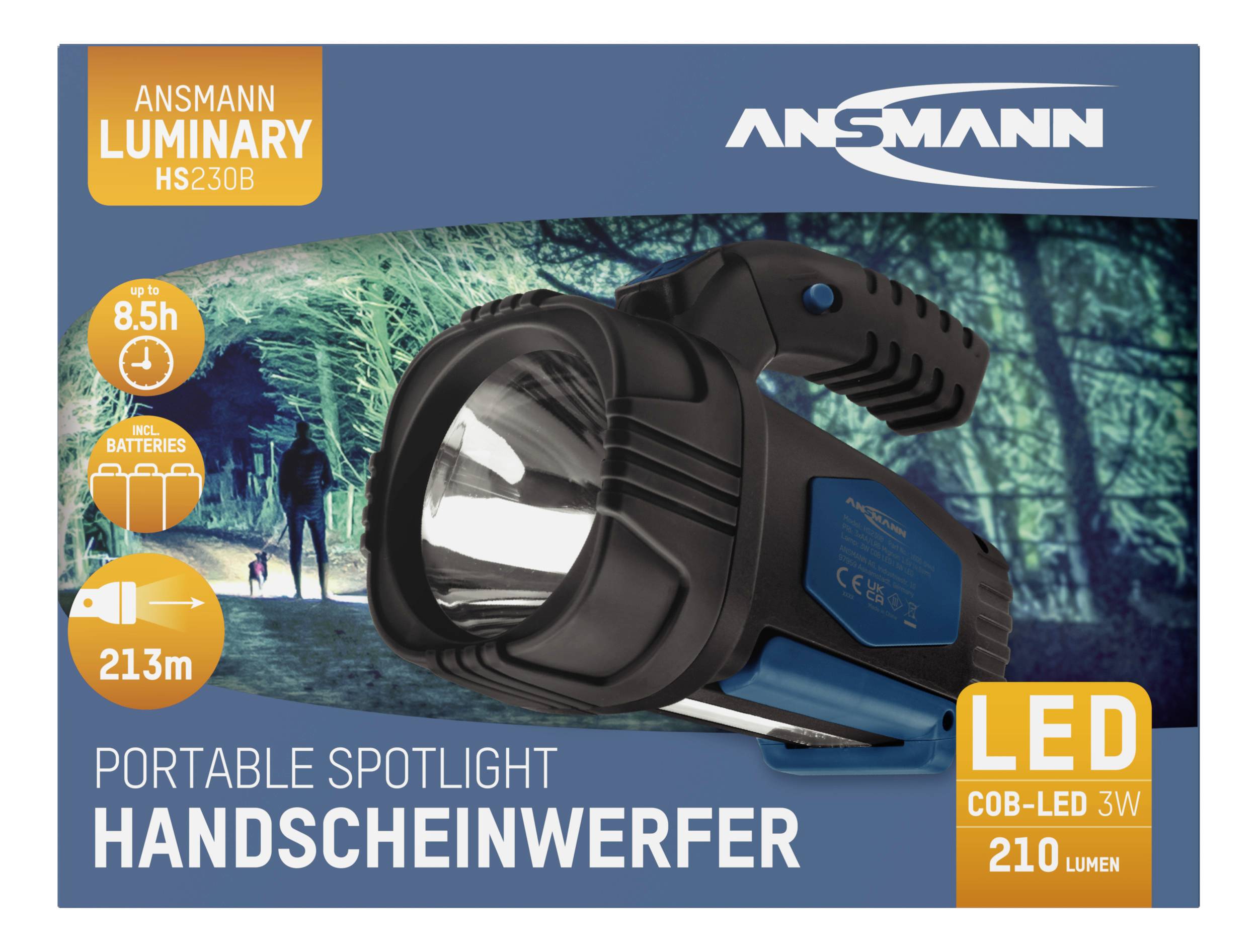 Bærbar LED-håndlygte fra Ansmann, model HS230B, med 210 lumen, rækkevidde på 213 m og en driftstid på 8,5 timer.
