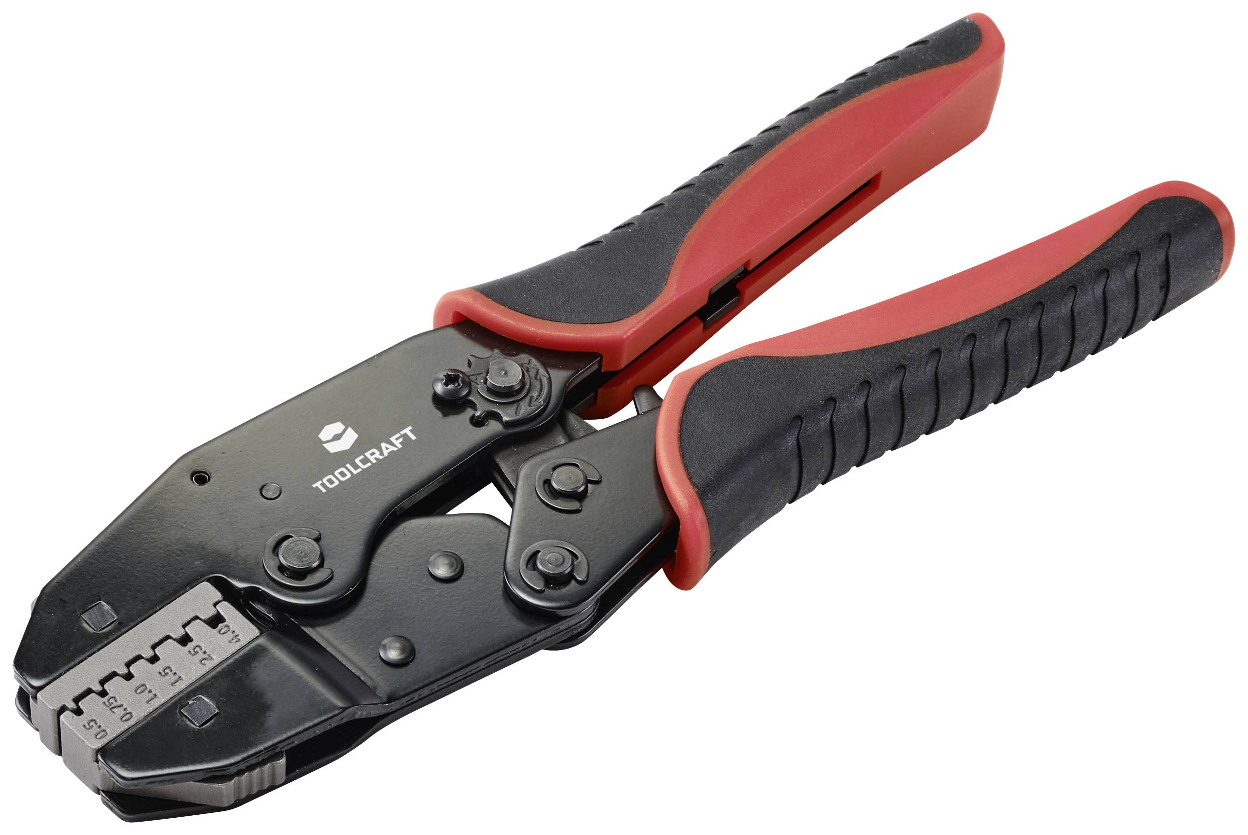 En sort-rød crimpetang fra TOOLCRAFT, egnet til at forbinde kabler med stik gennem krympning.