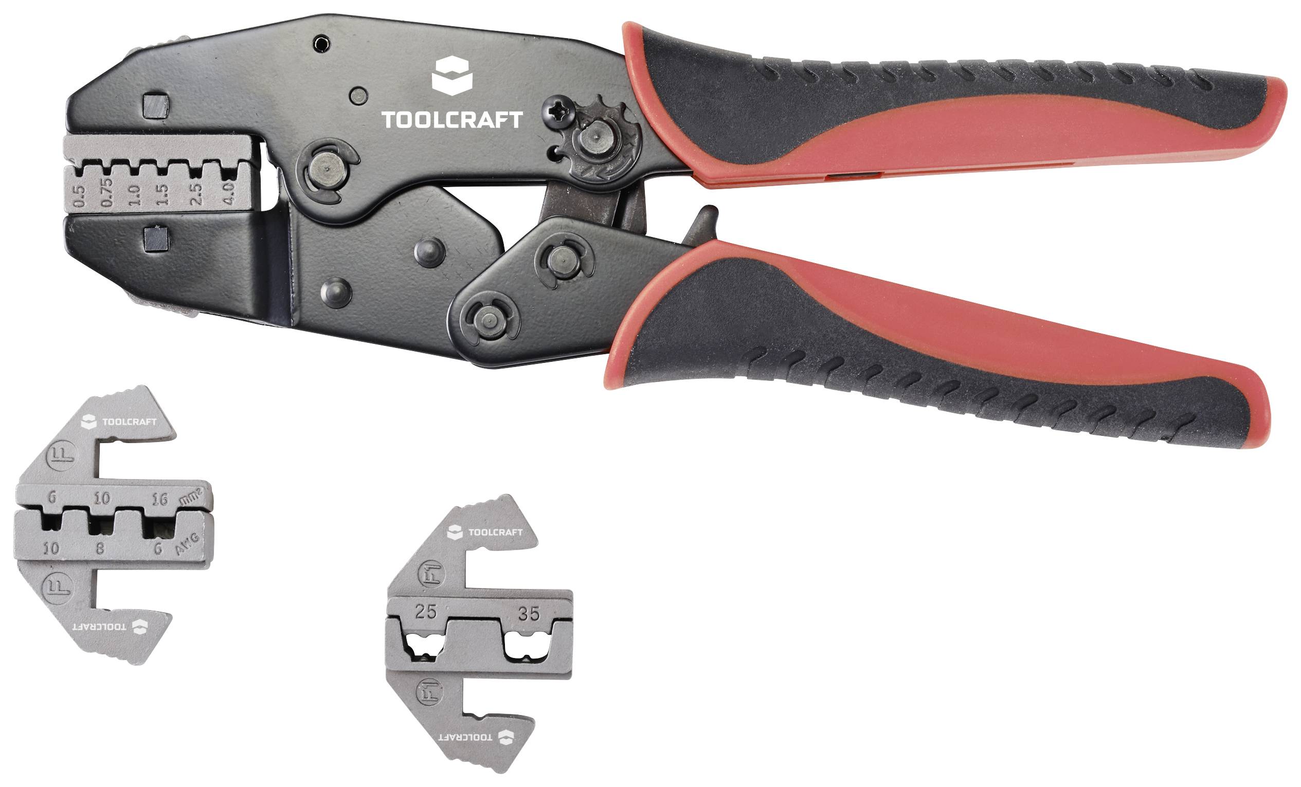 Crimptang fra Toolcraft med røde håndtag, viser tre udskiftelige kæbeinsatser i forskellige størrelser til forskellige kabler.