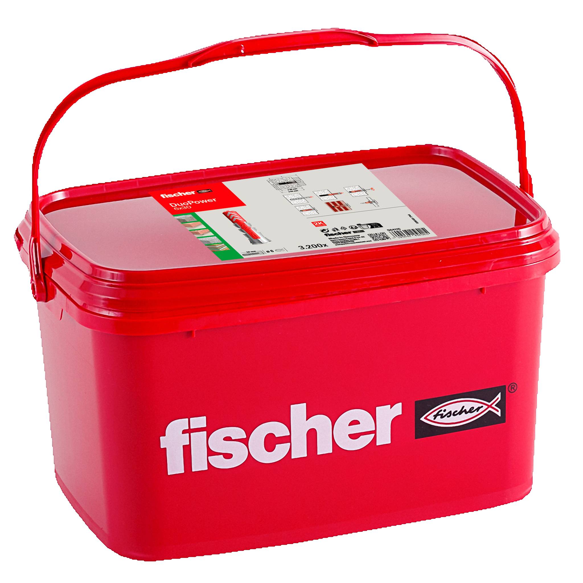 Rød plastik Fischer opbevaringsspand med hængslet håndtag og etiketeret låg, vist på hvid baggrund.