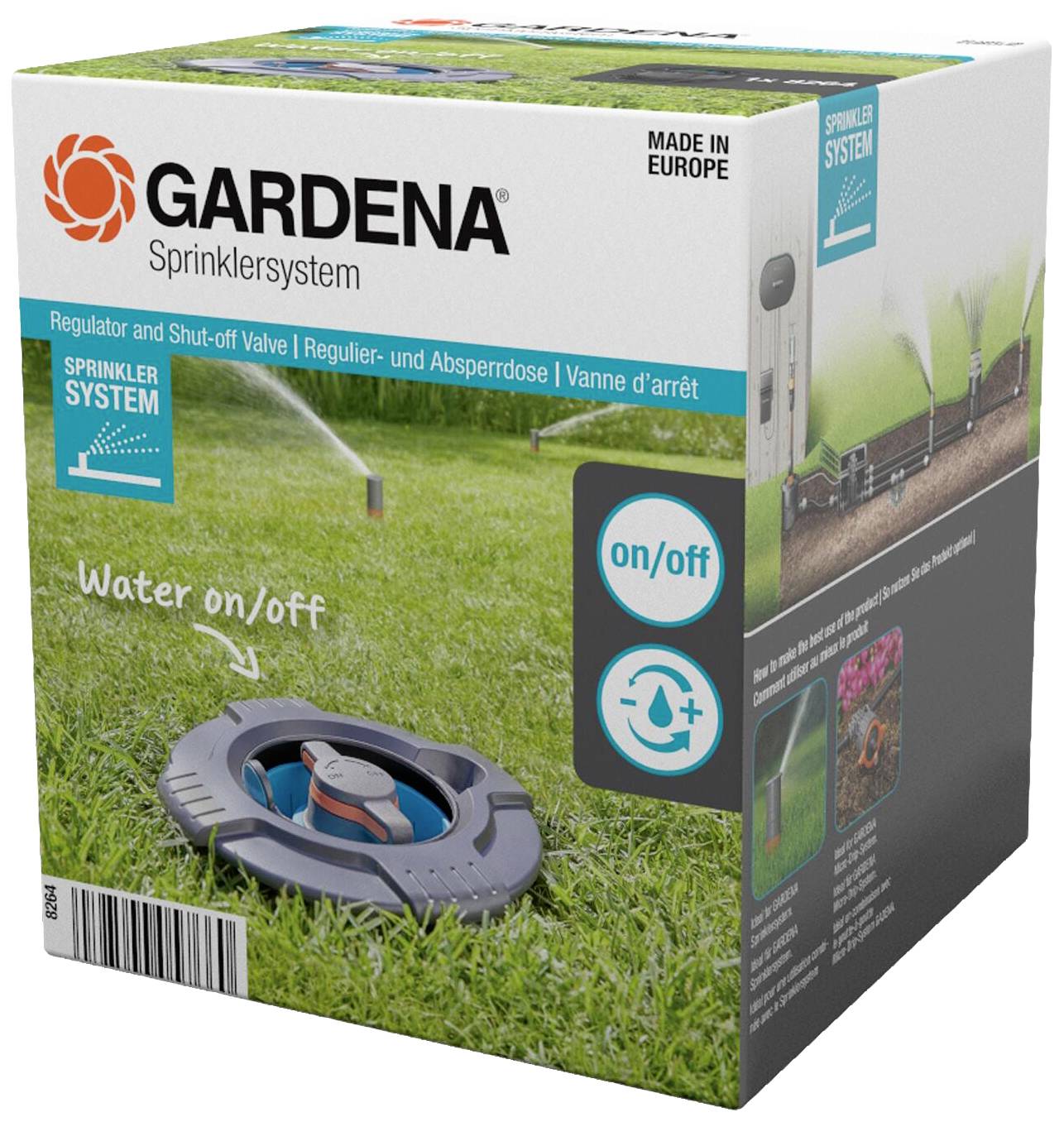 Gardena sprinklersystem-emballage viser et vandingssystem med 'Water on/off' kontakt. Produktbillede: Sprinkler på græsplæne.