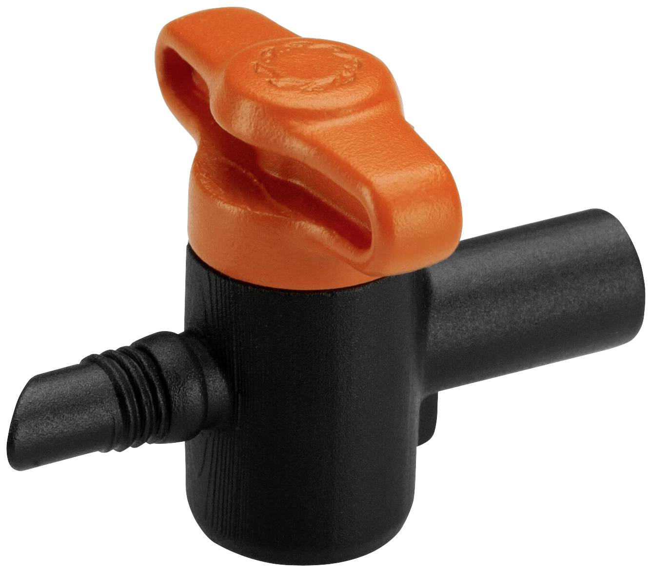 Et sort og orange plastventil, typisk brugt i vandingssystemer.