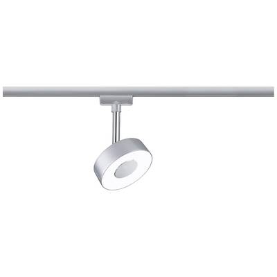 Loftslampe med rund, sølvfarvet krop og justerbart hoved, monteret på en lige metalstang.