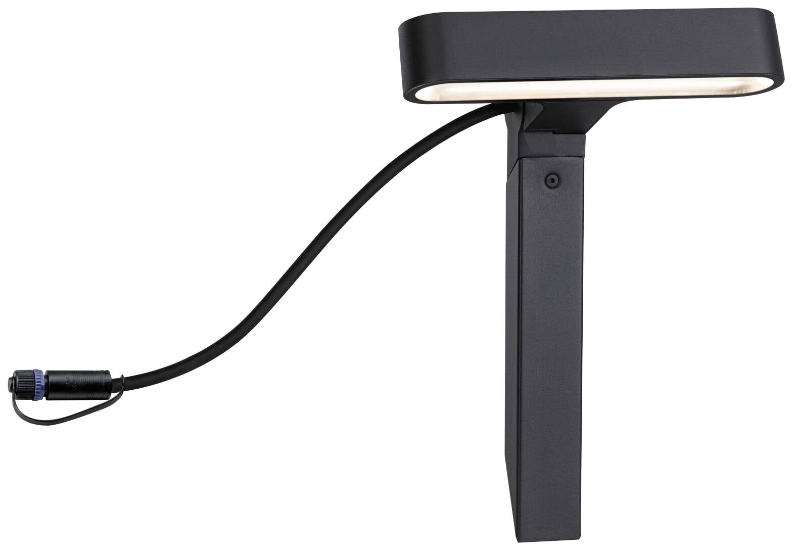 En sort udendørslampe med rektangulært hoved og kabelstik, bruges til belysning af fortove eller haver.