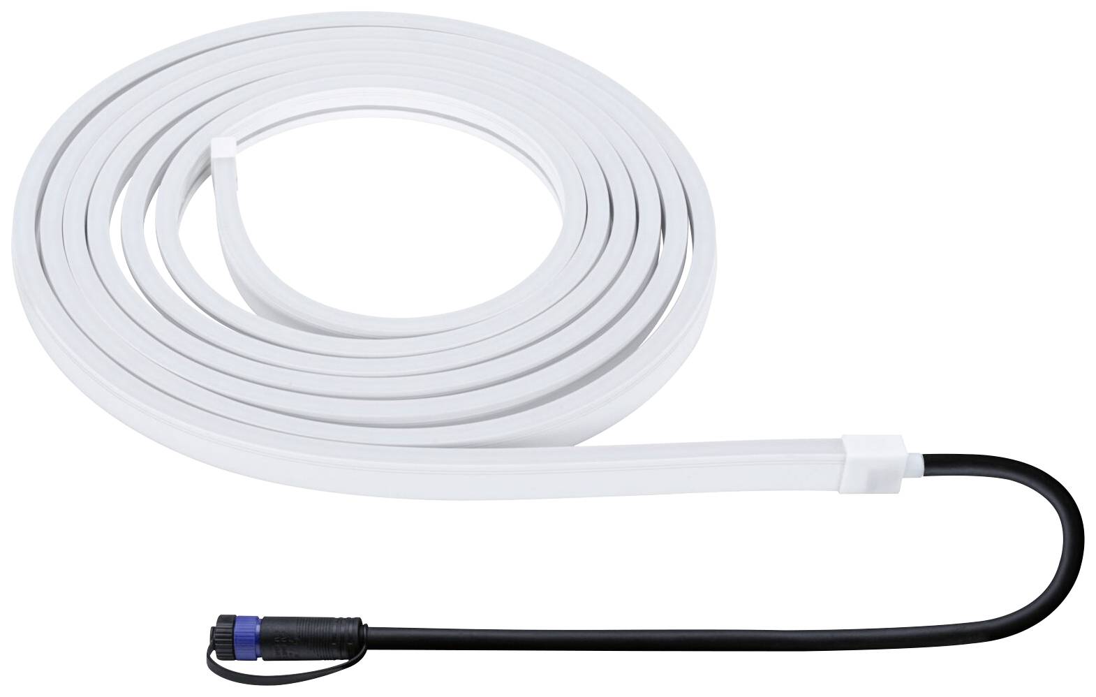 Hvidt, fladt kabel med sort, rund stik i enden. Egnet til elektroniske eller elektriske tilslutninger.