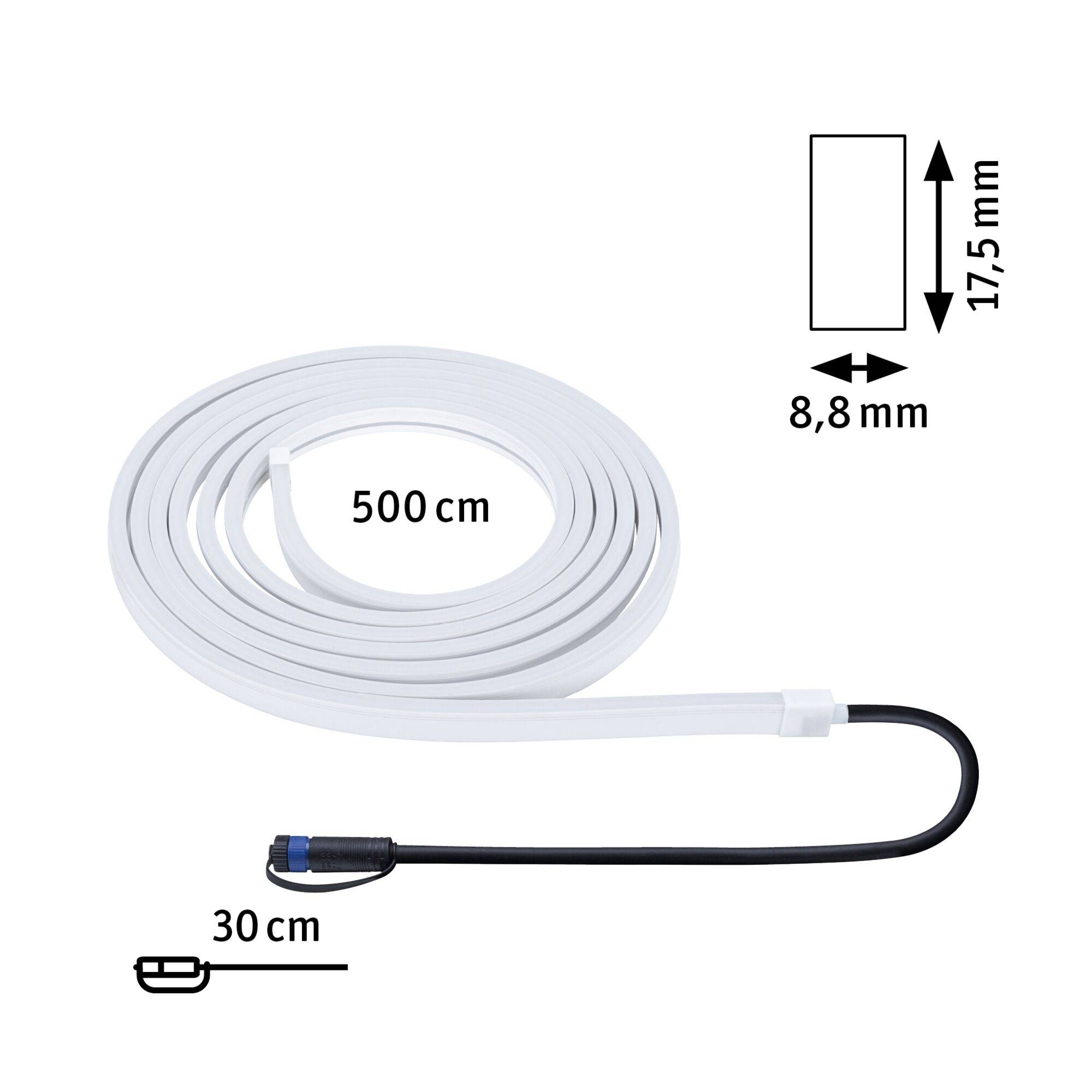 Fladt, hvidt antennekabel, 500 cm langt, 8,8 mm bredt, 17,5 mm højt. Den ene ende har 30 cm kabel med sort stik. Perfekt til vinduesinstallationer.