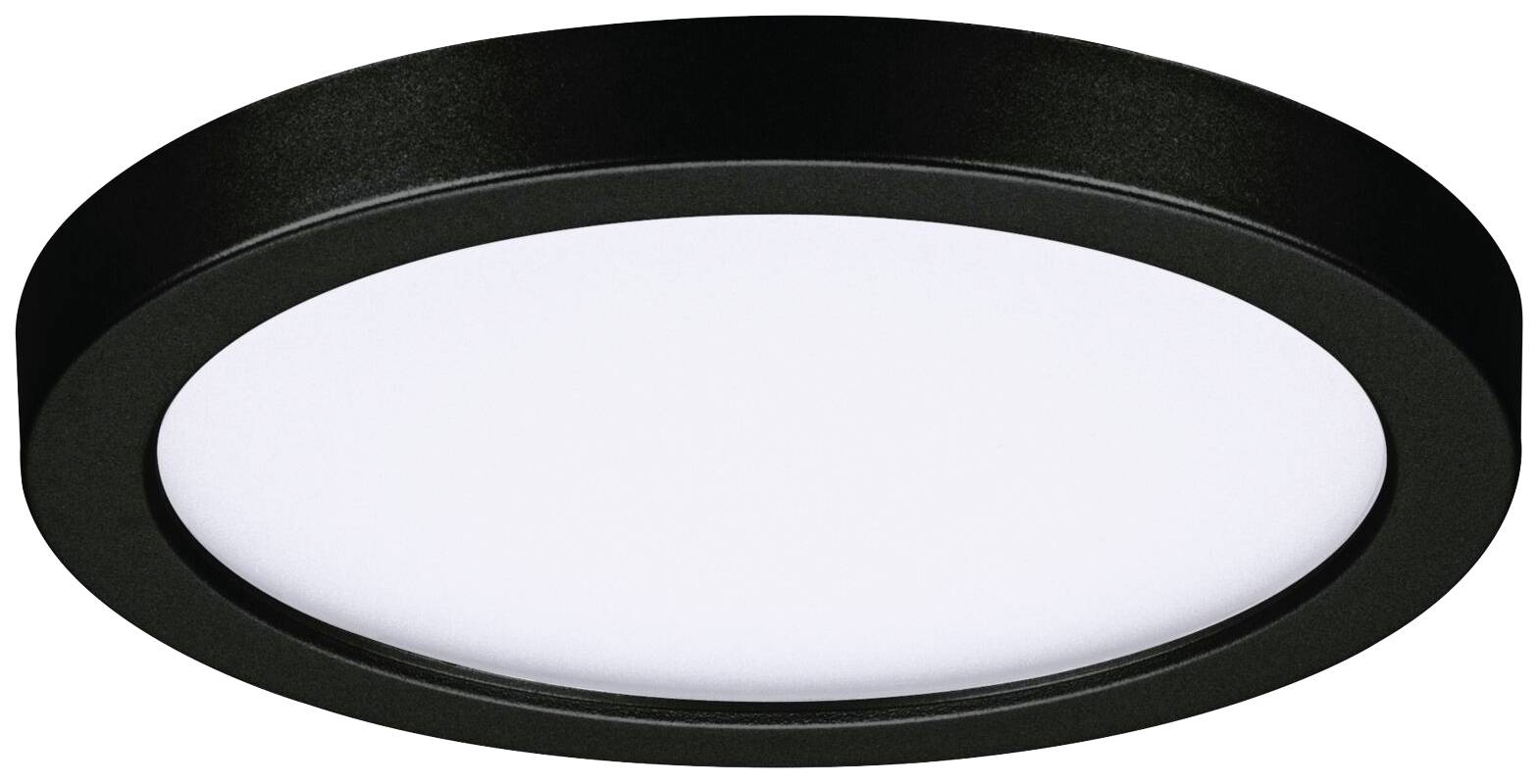 Rund, flad LED-loftslampe med sort ramme og hvid afdækning.
