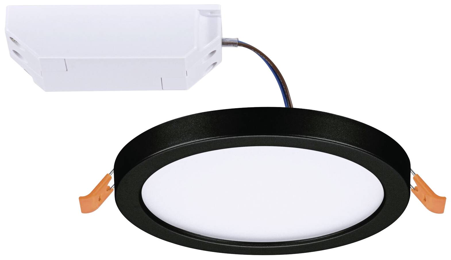 Rundt LED-panel med sort kant og justerbart monteringssystem, forbundet med hvid transformer via et kabel.