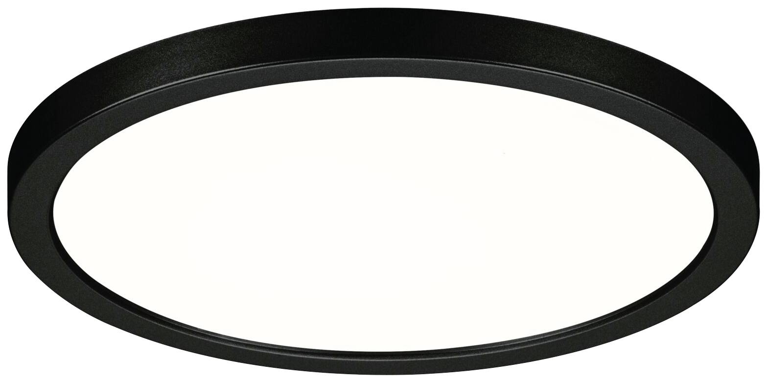 Rund sort loftslampe, enkelt design, lyser jævnt hvidt. Ideel til moderne stue- eller arbejdsrum.