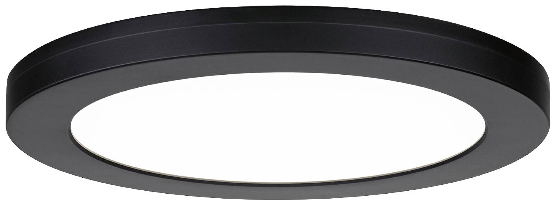 Rund LED-loftslampe i sort med fladt design, som udsender varmt hvidt lys og passer perfekt til moderne boligområder.