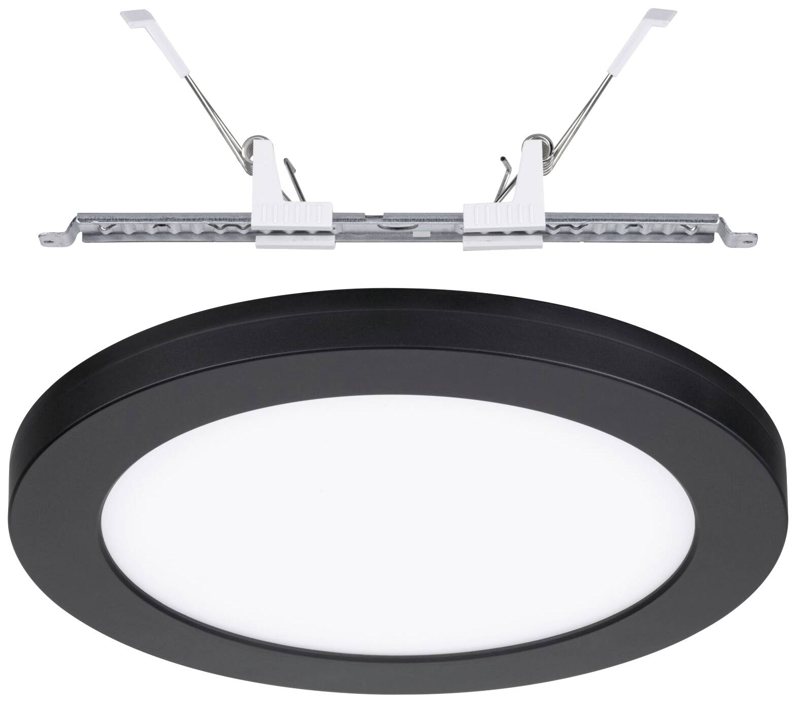 Rund, sort loftslampe med hvidt lysområde ved siden af monteringsskinne med to fjederclips.