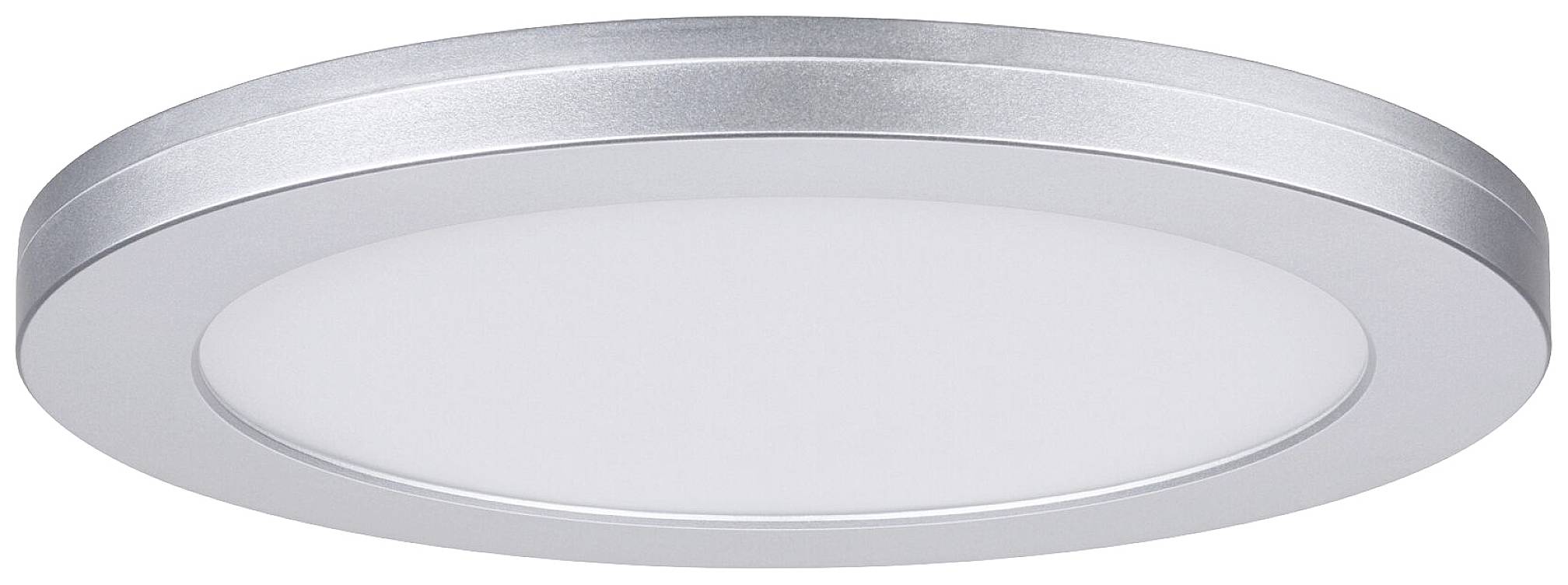 Rund, sølvfarvet loftslampe med hvid diffuser, velegnet til moderne indendørsrum. Diskret og funktionel i designet.
