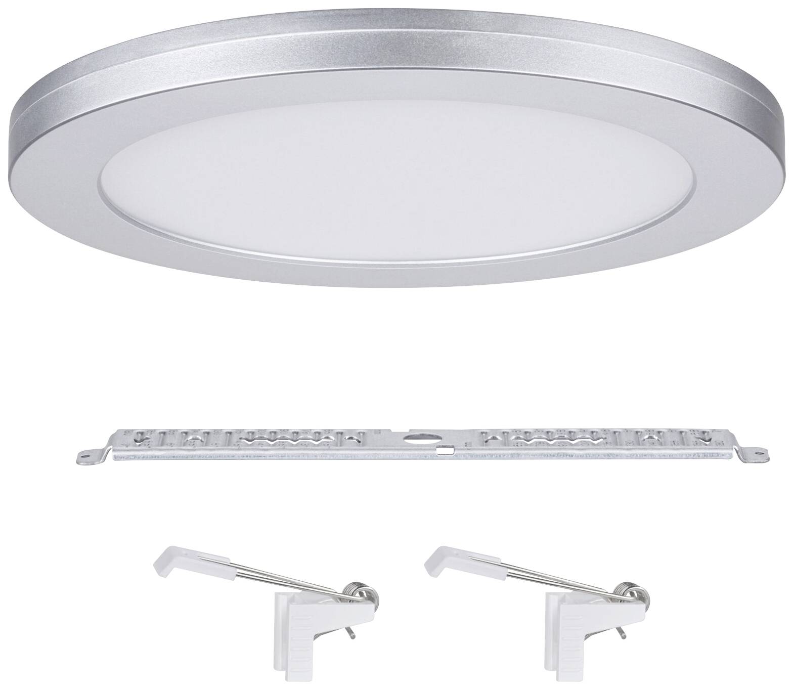 Billedet viser en rund, sølvfarvet LED-loftslampe med tilbehørsdele, herunder en holder og to fastgørelsesclips.