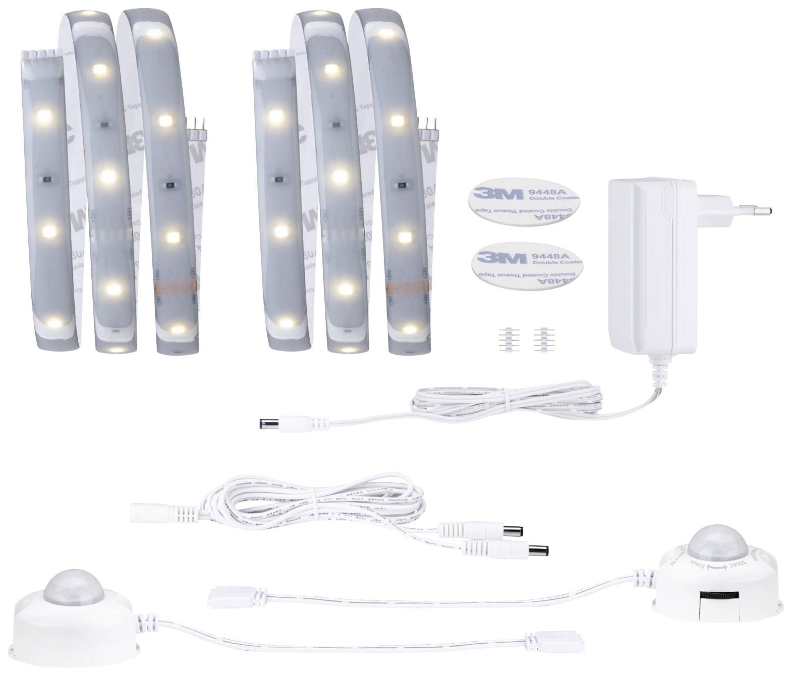 LED-belysningssæt med bevægelsessensor, fire LED-lister, stikkontakt og kabler, perfekt til indirekte belysning.