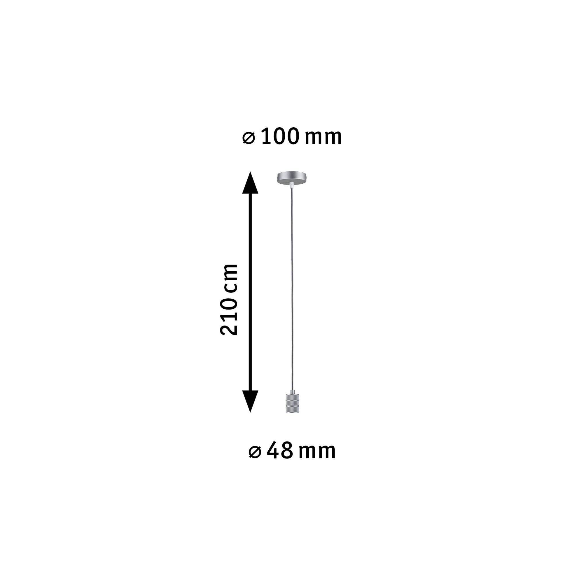 Pendel-lampe med en total højde på 210 cm, en baldiamet på 100 mm og en lampeskærmdiamet på 48 mm.