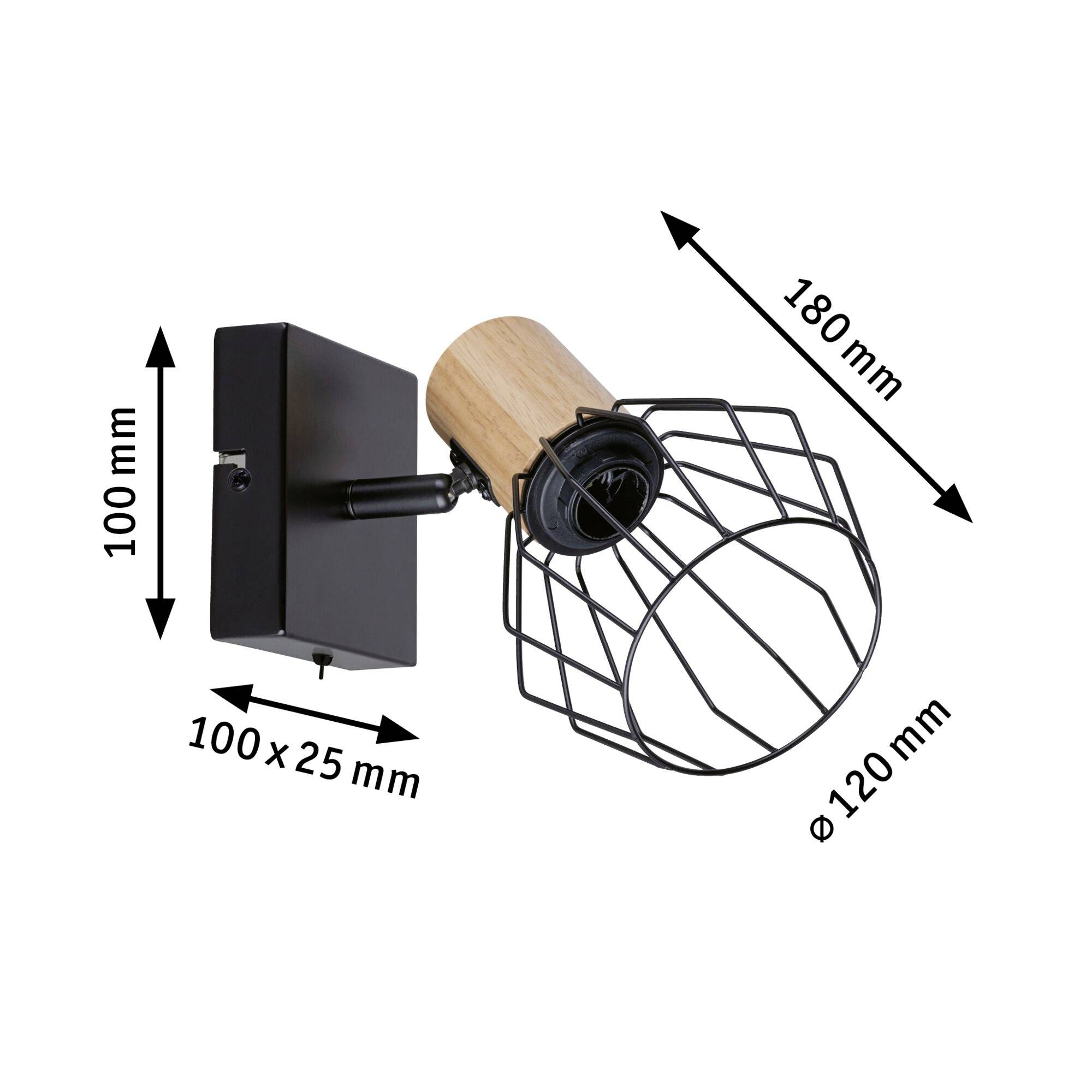 En væglampe med et træelement, sort metalsokkel og skærm med gitterstruktur. Mål: Højde 100 mm, dybde 180 mm, skærmdiameter 120 mm.