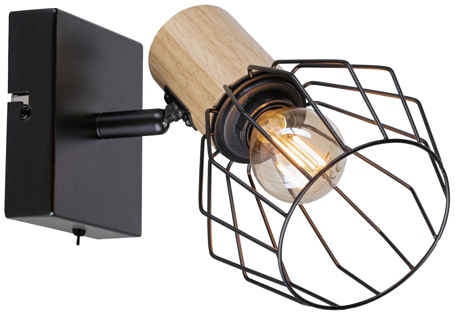 En moderne væglampe med træ- og metalkomponenter, der omslutter en retro-glødepære. Den kombinerer industriel og naturlig stil.