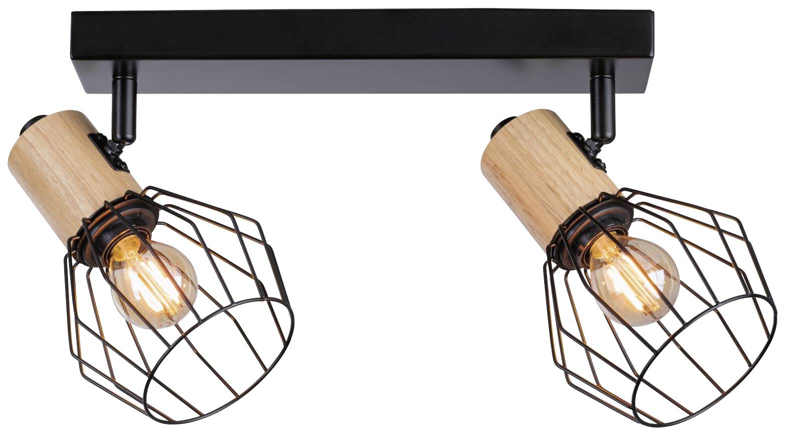 To dansk:<br><br>To sorte og træfarvede loftslamper med gitterdesign, monteret på en rektangulær plade. De kaster et varmt lys.