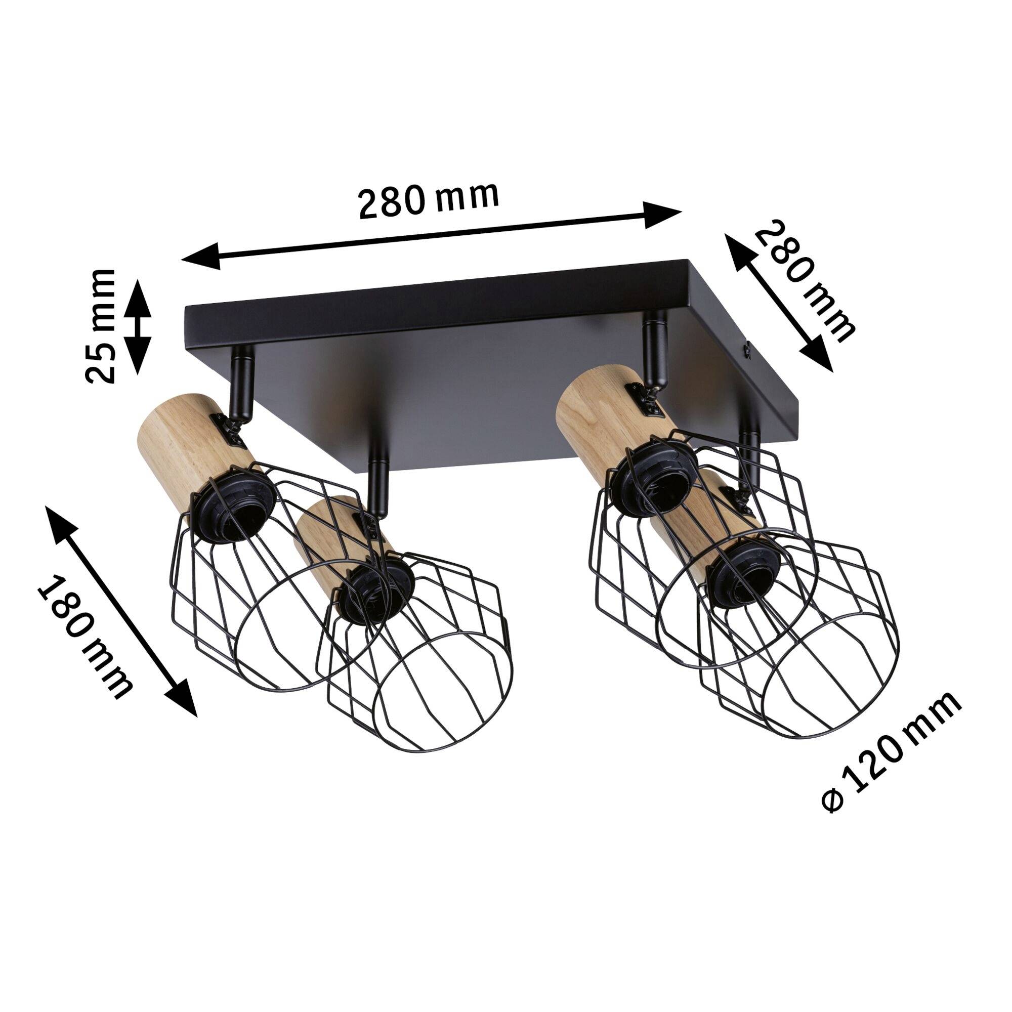 Loftlampe med sort rektangulær base og fire justerbare gitterlamper. Mål: 280 mm længde, 180 mm højde, 120 mm lampediameter.