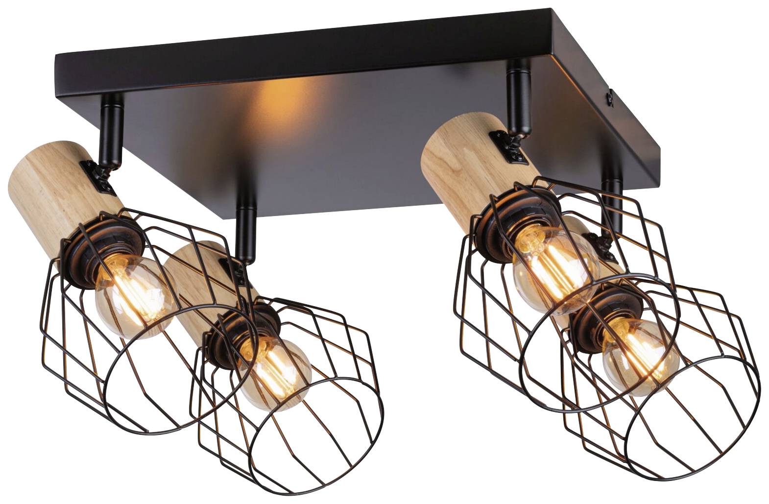 Loftlampe med fire pærer i industriel stil. Træ- og metalkomponenter understøtter det rustikke design.
