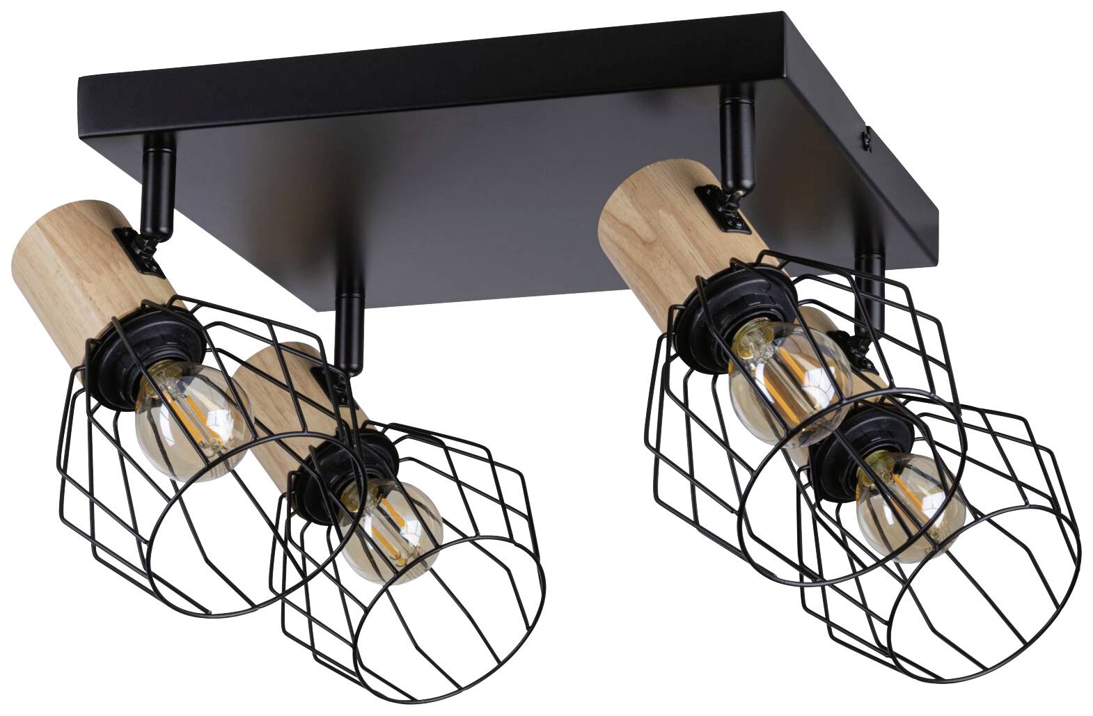 Sort loftlampe med fire burfacon lampeskærme i træ og metal, som er rettet i forskellige retninger.