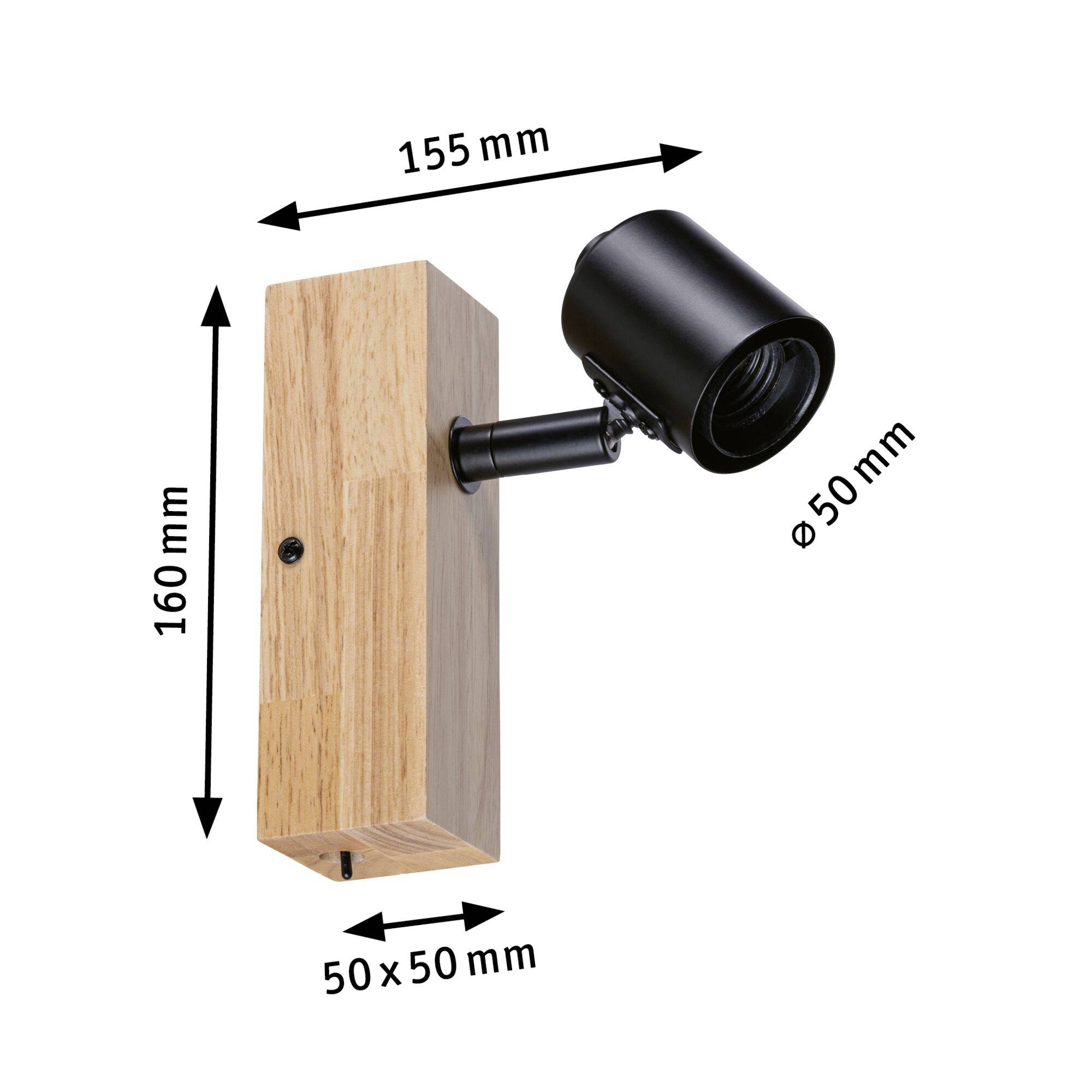 Træ-væglampe med sort spot, mål: 160 mm højde, 155 mm dybde, 50 mm bredde, 50 mm spot-diameter.