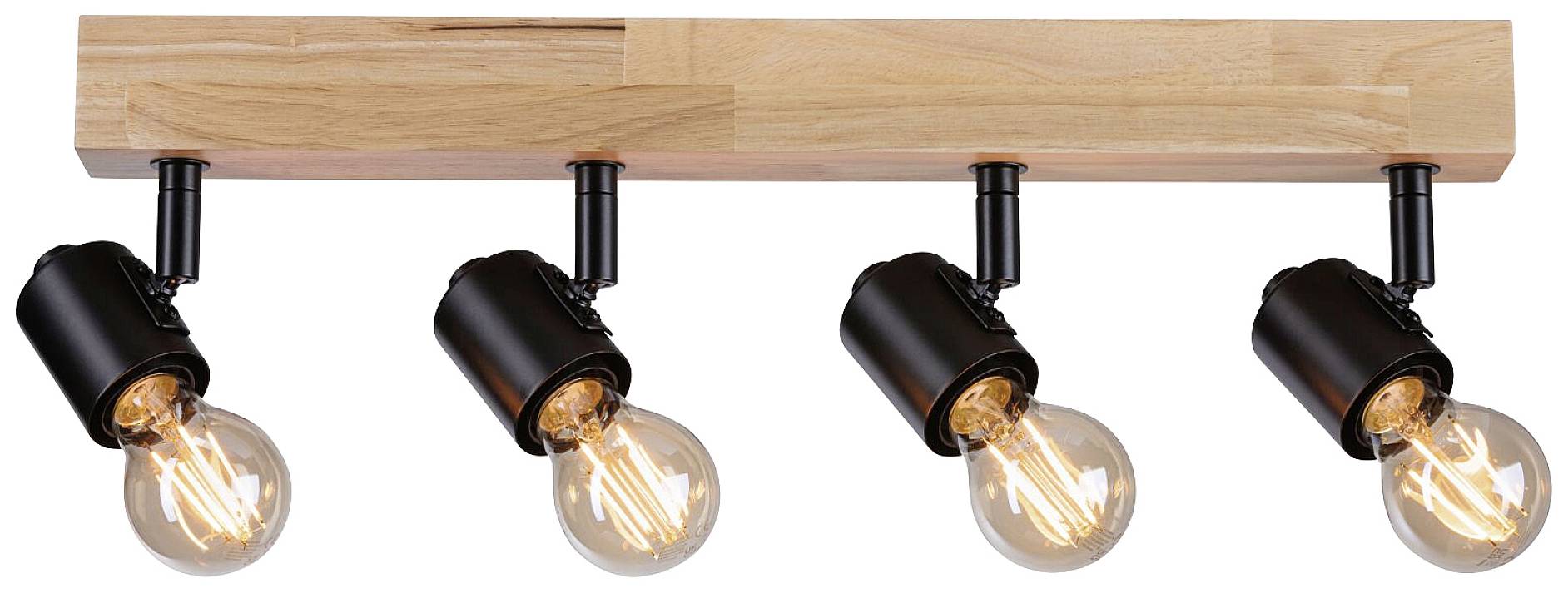 Fire sorte loftslamper med træpanel, hver lampe har en synlig glødepære med varmt hvidt lys, moderne design.
