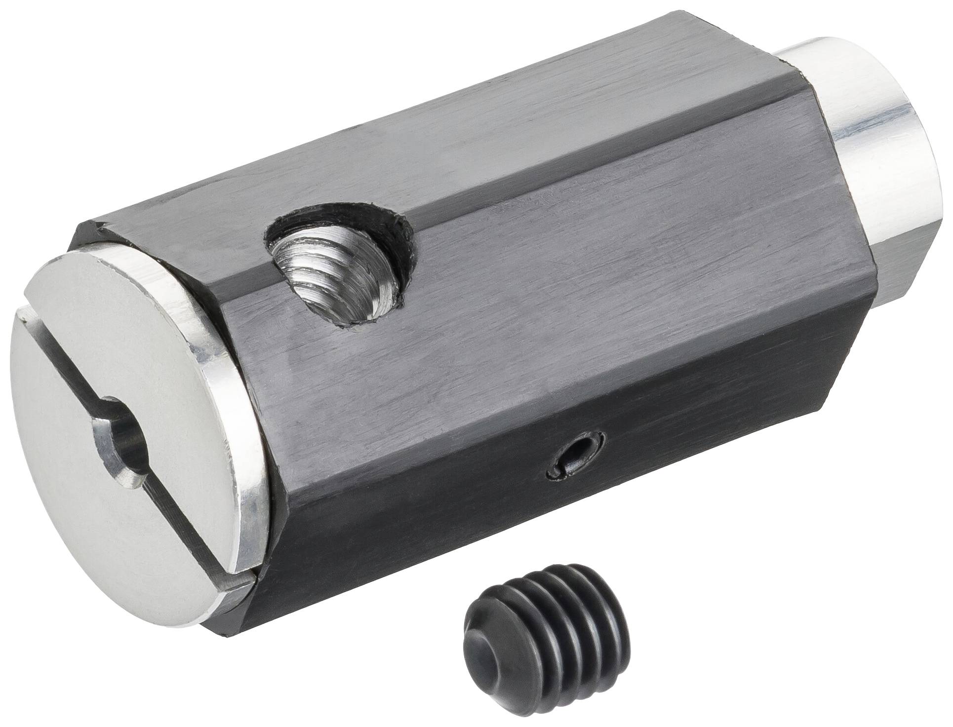 En sort metaladapter med cylinderskrue, bruges til tekniske eller mekaniske formål, ligger på en overflade.