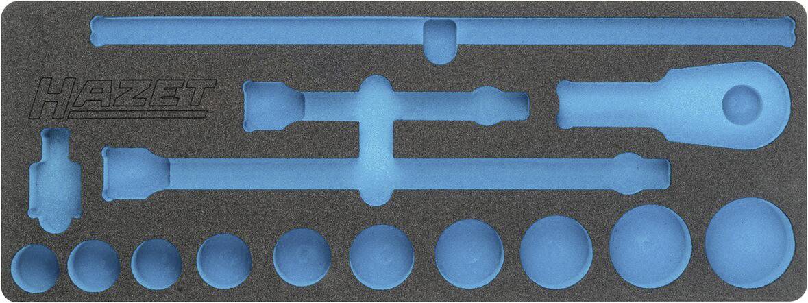 HAZET værktøjsholder med udskæringer til forlængerled, skralde og topnøgler i forskellige størrelser.