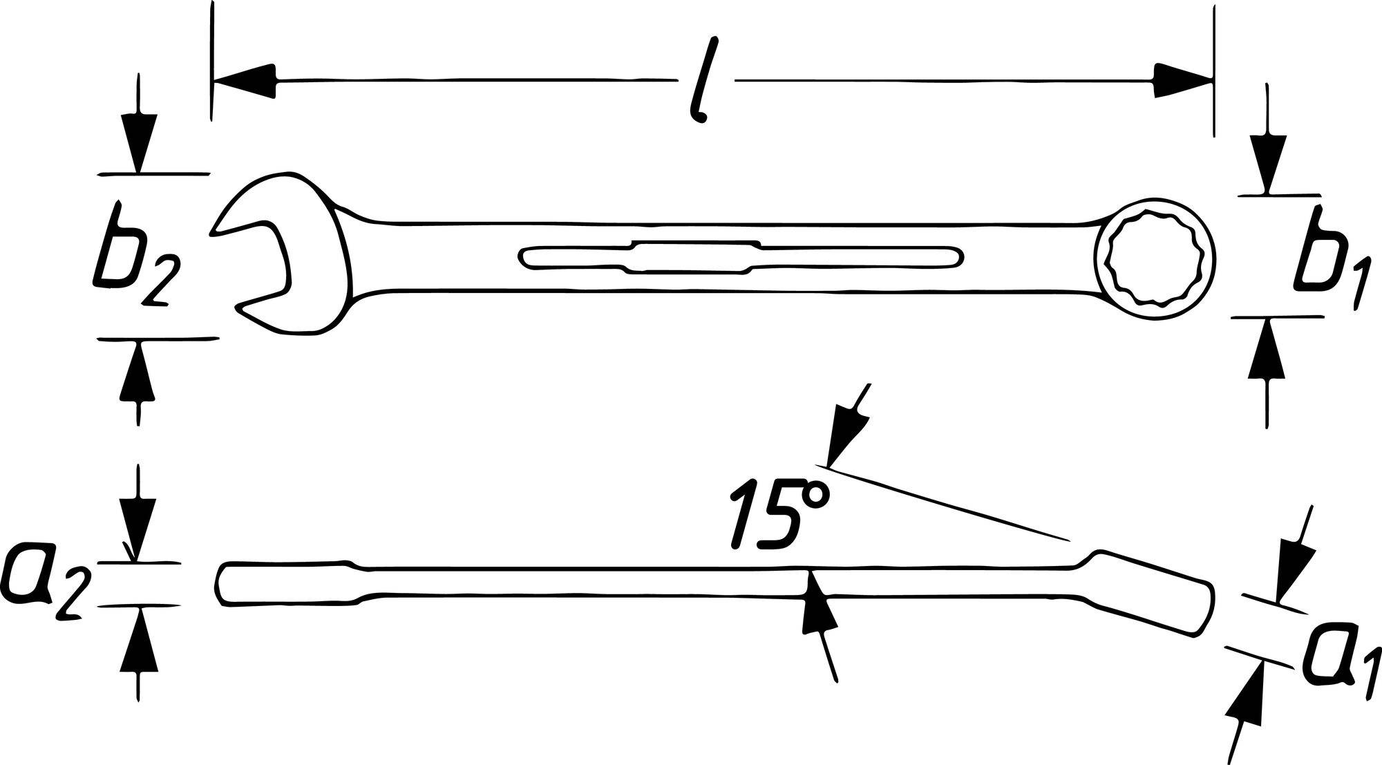 Teknisk tegning af en skruenøgle med mål: Længde (l), bredde (b1, b2) og drejningsvinkel 15°. Side- og topvisning.