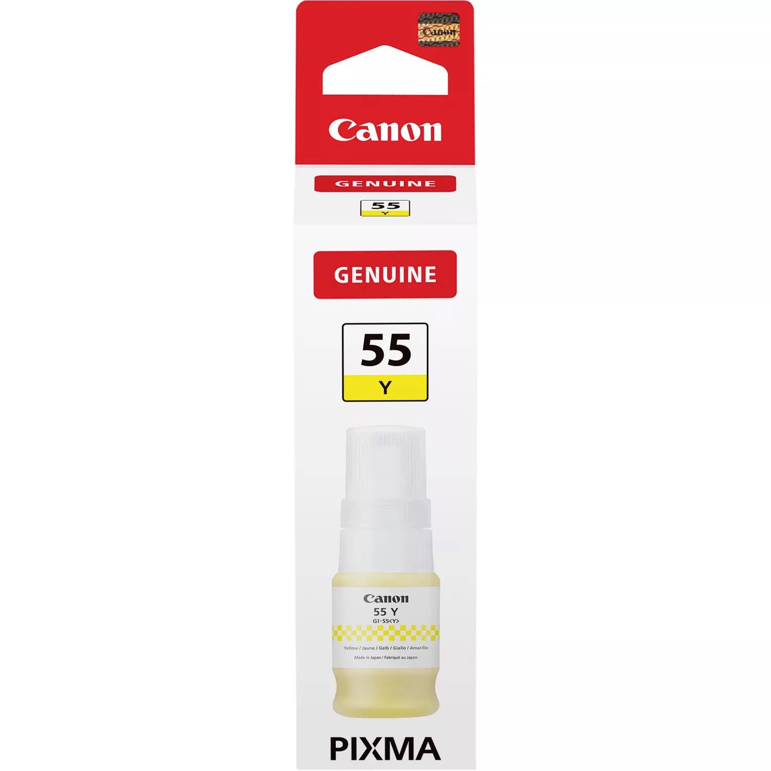 Canon PIXMA blækflaske, gul, model 55Y, i originalemballage. Bruges til Canon-printere.