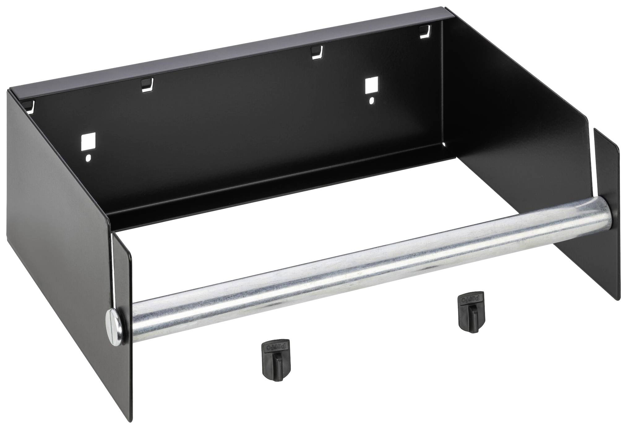 Sort metalholder med sølvstang i midten, egnet til vægmontering. To sorte knapper ligger ved siden af.