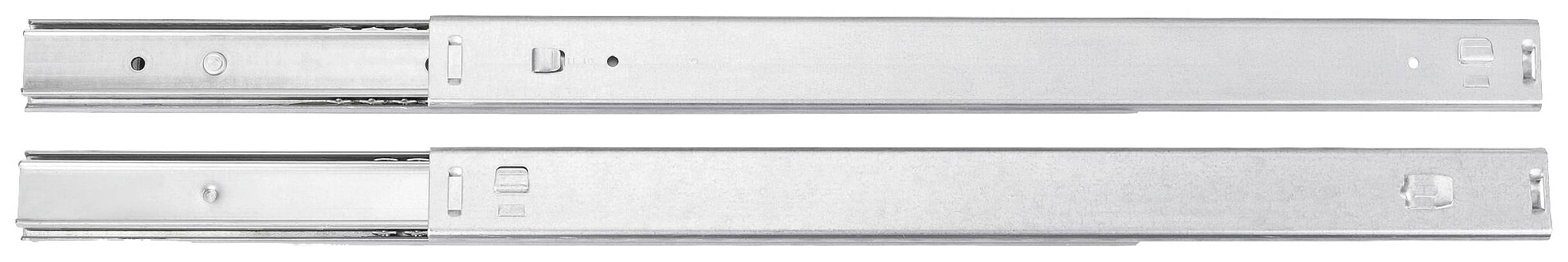 To silvertfarvede metalskinner, parallelt placeret ved siden af hinanden. De har åbninger og slidser til montering på møbler.