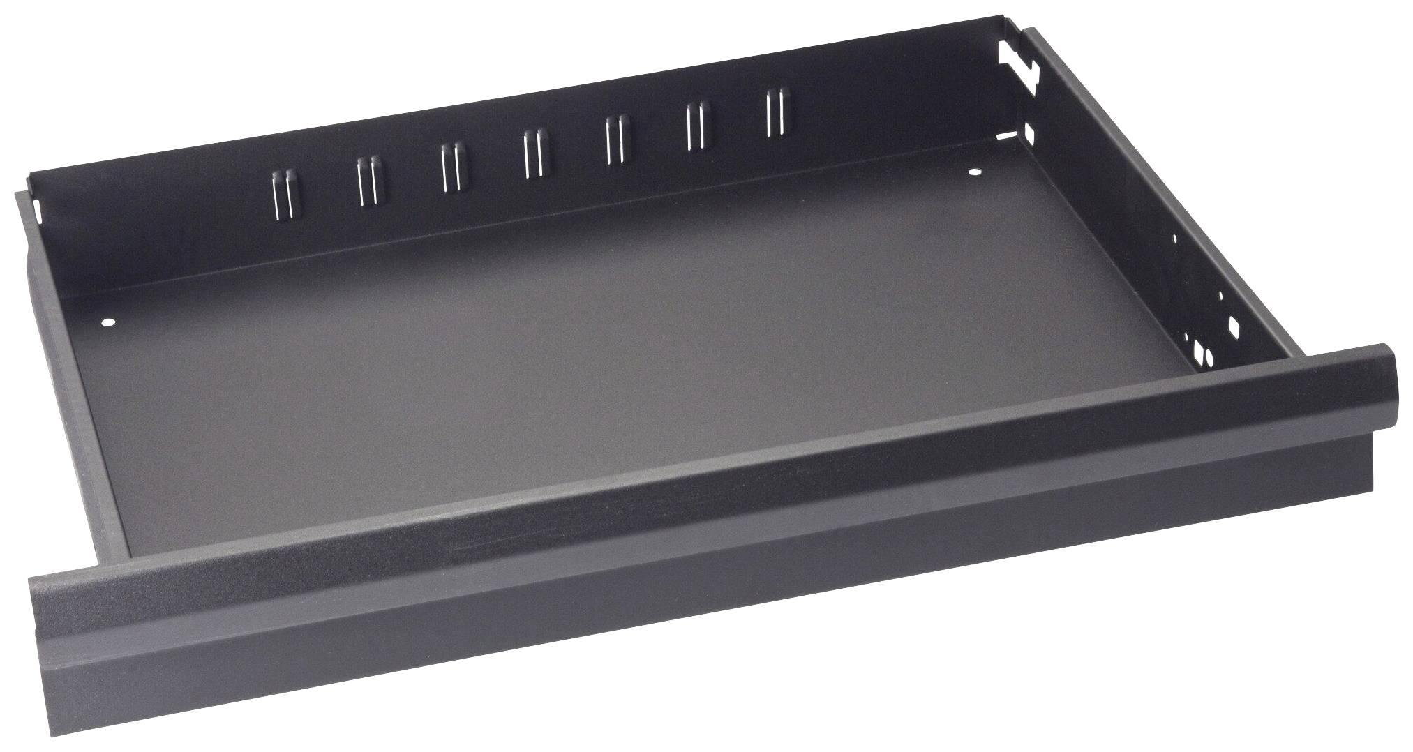 Sort, rektangulær metalreol med lav kant, egnet til montering på et stativ eller som hylde i et skab.